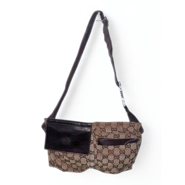 Gucci GG Canvas x Leather Beige Brown Waist Bag Belt Bag Crossbody 28566 Italy