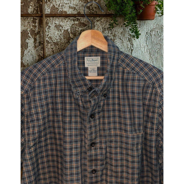 LL Bean Sz. Large Brown Orange Plaid Houndstooth Button Down Shirt L Traditional