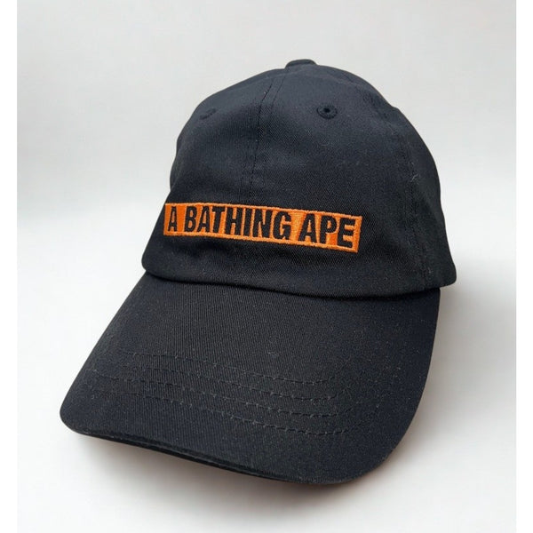 BAPE A Bathing Ape Logo Dad Hat Cap Black Orange Strapback Rare Streetwear
