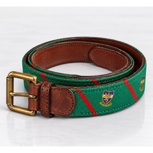Polo Ralph Lauren Leather Trim Silk Jacquard Belt Men's 38 Green Crest Stripe