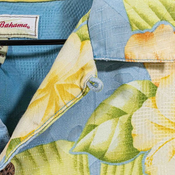 Tommy Bahama Silk Hawaiian Shirt XL Blue Floral Camp Collar Loop Resort Aloha
