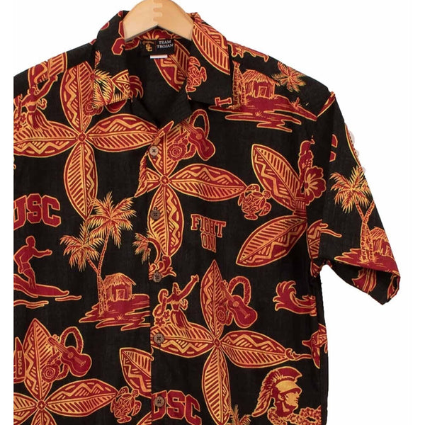 USC Team Trojans NCAA Luau Hawaiian Surfing Print Button Up Casual Shirt Sz. M