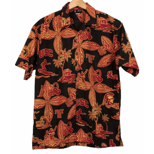 USC Team Trojans NCAA Luau Hawaiian Surfing Print Button Up Casual Shirt Sz. M