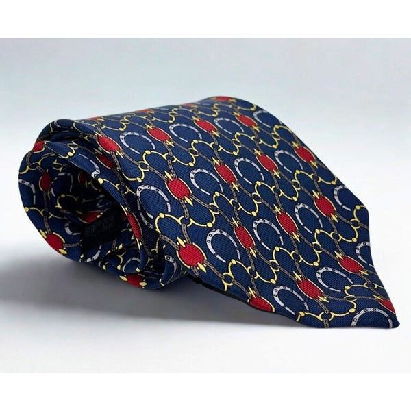 Gucci Paolo Equestrian Silk Tie Navy Gold Red Geometric Horsebit Italy