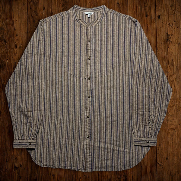 J. Peterman Grandad Band Collar Shirt Sz. XL Striped Brass Button Cotton Vintage