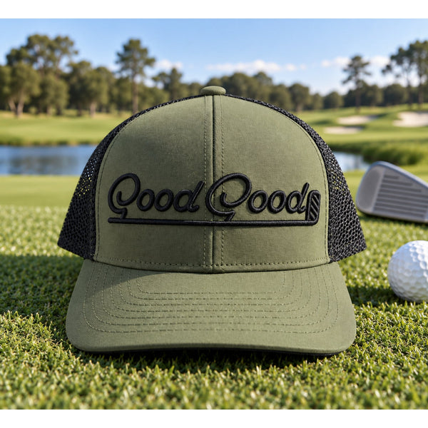 Good Good Golf Stance Trucker Hat Olive Green Black Mesh Snapback OSFA