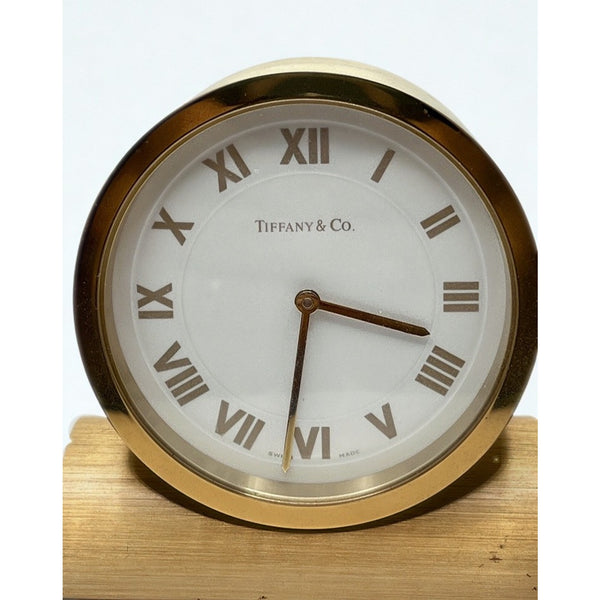 Tiffany & Co Swiss Quartz Brass Desk Clock Roman Numerals Gold Tone Switzerland