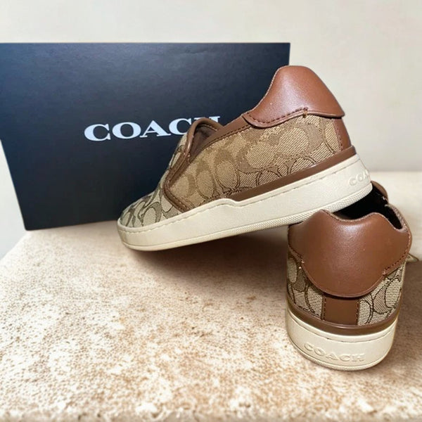 Coach Wells Slip On Sneakers C4393 Sig PVC Khaki Saddle Women’s 9B NIB