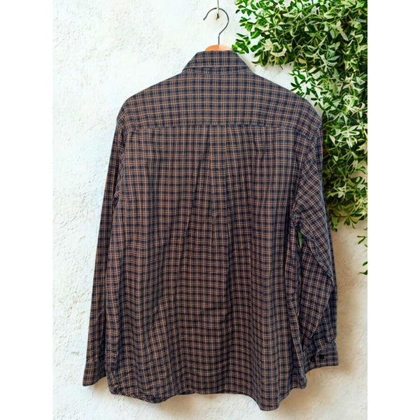 LL Bean Sz. Large Brown Orange Plaid Houndstooth Button Down Shirt L Traditional