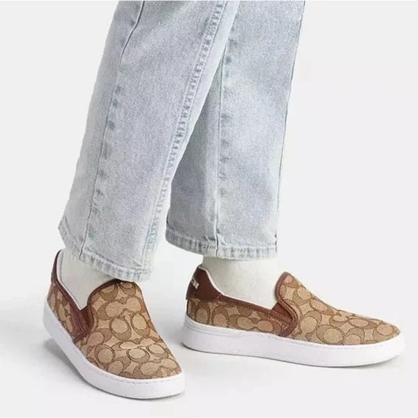 Coach Wells Slip On Sneakers C4393 Sig PVC Khaki Saddle Women’s 9B NIB