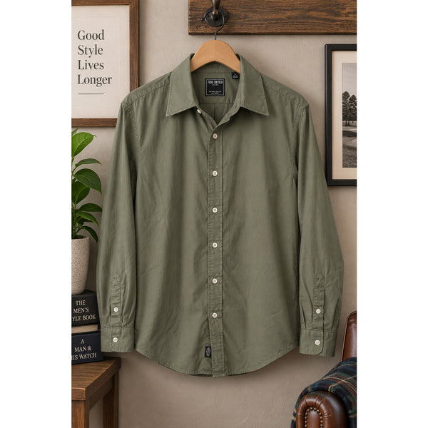 Todd Snyder Cotton Twill Long Point Collar Shirt Sage Olive Mens L Slim Fit