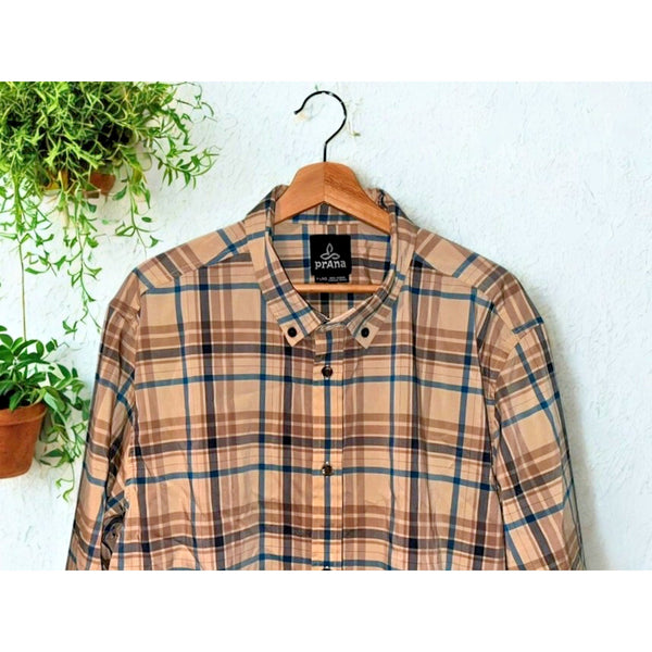 prAna Men’s Tan Plaid Button Down Shirt Long Sleeve Collared Casual Sz XL