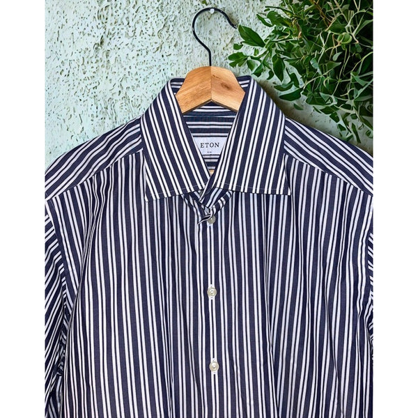 ETON Slim Fit Dress Shirt 17 43 Blue White Stripe Spread Collar Luxury Cotton