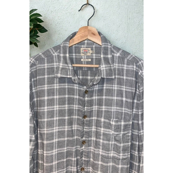 Faherty Brand Seaview Flannel Shirt Mens XL Gray White Plaid Organic Cotton EUC