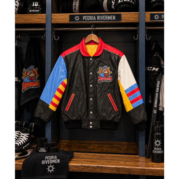 Jeff Hamilton Peoria Rivermen Reversible Leather Satin Jacket M 90’s Hockey VTG