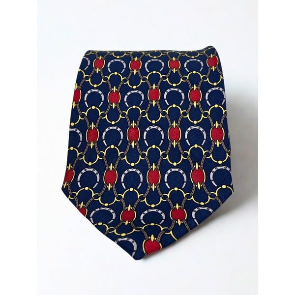 Gucci Paolo Equestrian Silk Tie Navy Gold Red Geometric Horsebit Italy