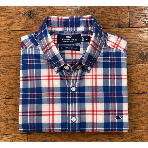Vineyard Vines Performance Slim Tucker Shirt Men's XL Dorchester Plaid Blue Red