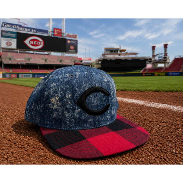 Cincinnati Reds American Needle Cooperstown Denim Plaid Strapback Hat OSFA MLB