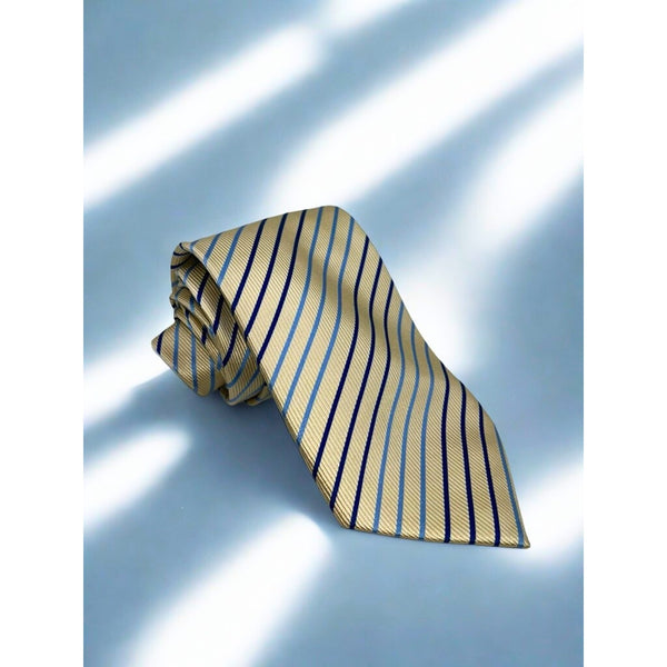 Charles Tyrwhitt 100% Silk Tie Beige Blue Striped Classic Mens Necktie EUC