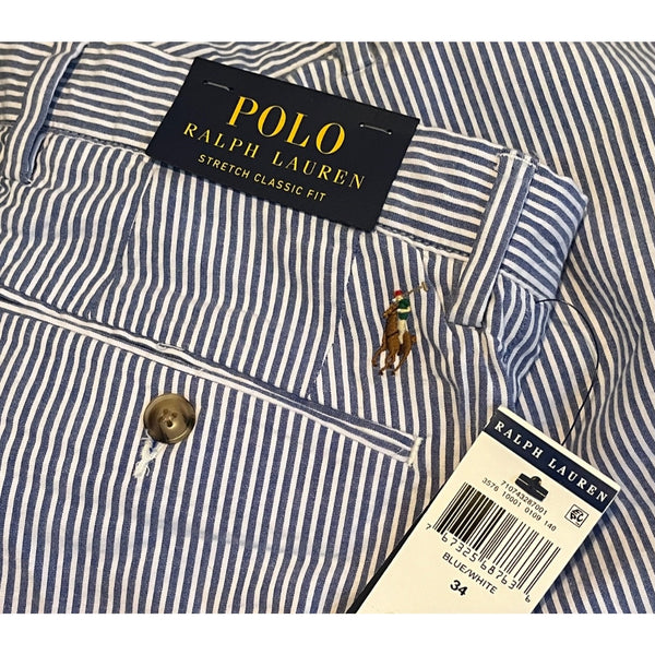 Polo Ralph Lauren Blue White Seersucker Stretch Classic Fit Shorts Sz. 34 NWT