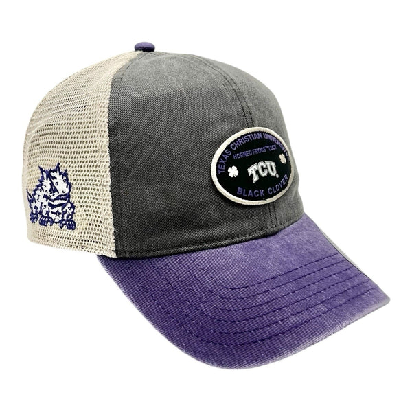 TCU Texas Christian University Horned Frogs Black Clover Trucker Hat NWT
