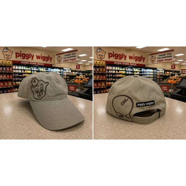 Piggly Wiggly Khaki Head Tail Adjustable Hat Embroidered Grocery Store Cap EUC