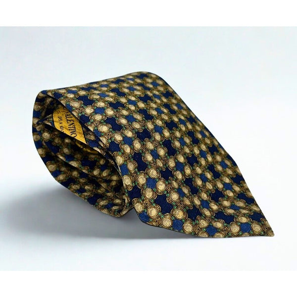 Valentino Cravatte Vintage Silk Tie Blue Gold Medallion Pattern Made in Italy EUC