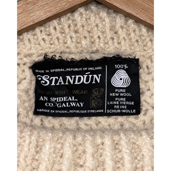 Standun Aran Irish Wool Fisherman Cable Knit Sweater Men's S Cream Handmade