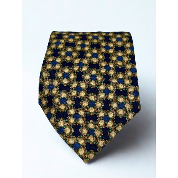 Valentino Cravatte Vintage Silk Tie Blue Gold Medallion Pattern Made in Italy EUC