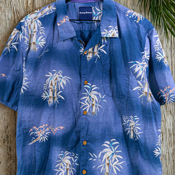 Tommy Bahama Bamboo Floral Camp Shirt Blue Hawaiian Button Up Men's XL Cotton