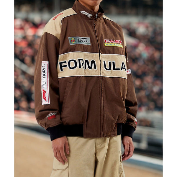 PacSun Formula 1 F1 Racing Bomber Jacket Brown Tan Full Zip Men’s Large
