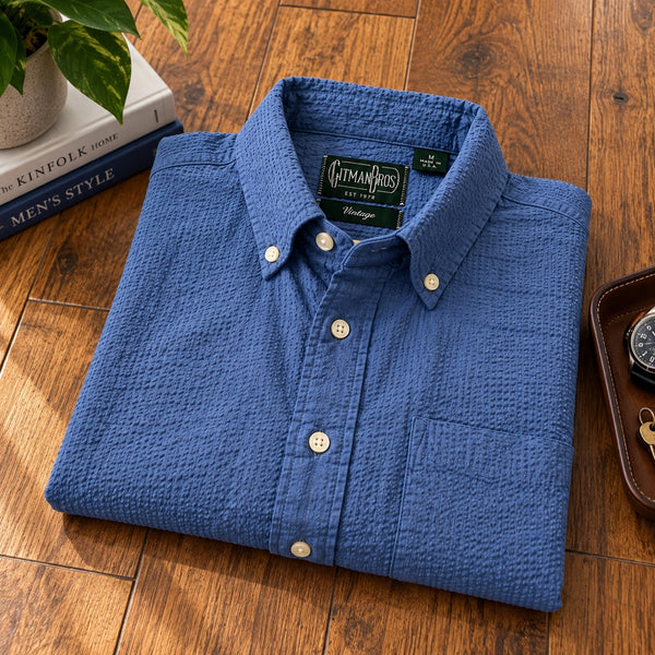Gitman Bros Vintage Seersucker Button Down Shirt Blue USA Men’s M Cotton EUC