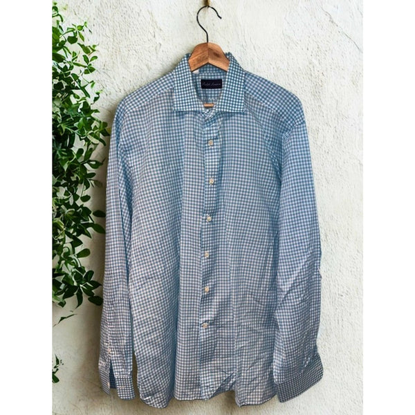 Ralph Lauren Purple Label Dress Shirt Blue Check Cotton Italy Men's Size 18 EUC