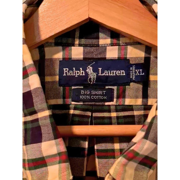 Polo Ralph Lauren Big Shirt Men XL Yellow Blue Plaid Button Down Blue Pony VNTG