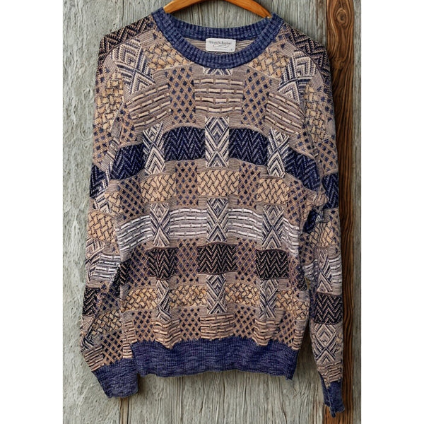 Tricots St Raphael Crew Coogi Style Geometric Knit Sweater Sz. L Made USA 90's