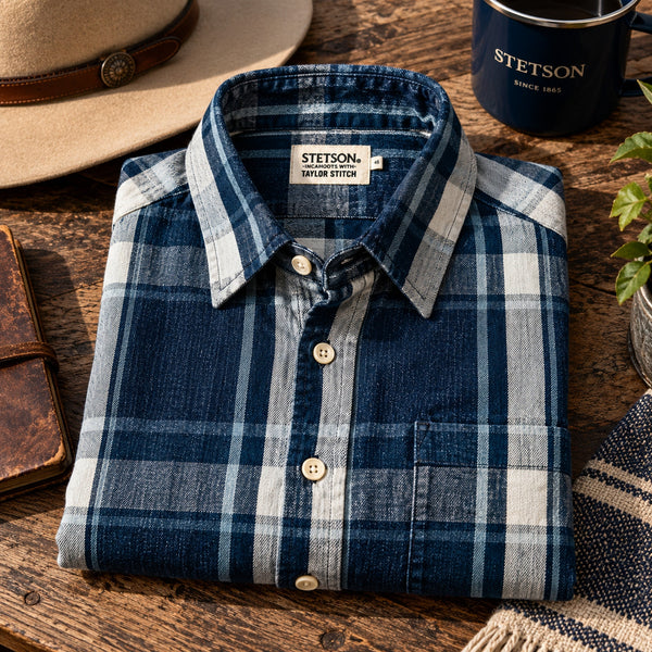 Taylor Stitch x Stetson California Shirt Sz. 2XL 46 Indigo Plaid Organic Cotton