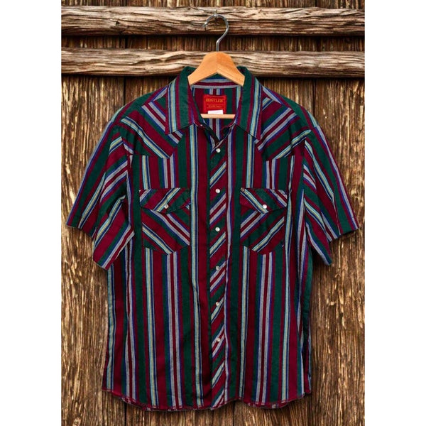 Rustler Western Pearl Snap Shirt Mens L Striped X-Long Tails Rodeo Vintage
