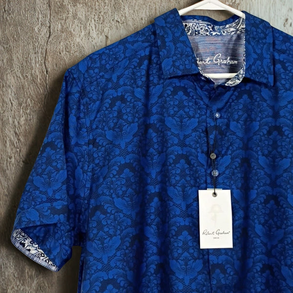 Robert Graham Bayview XL NWT Navy Floral Damask Short Sleeve Button Up Shirt