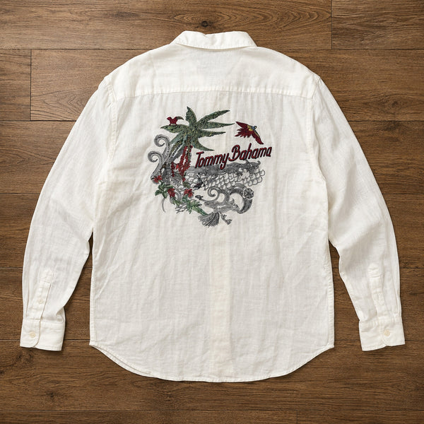 Tommy Bahama Mens XLT 100% Linen Embroidered Back Button Down Shirt White NWOT