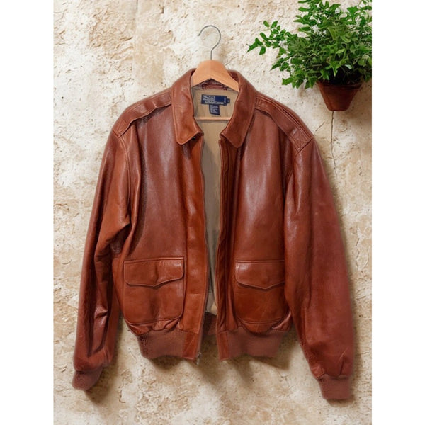 Polo Ralph Lauren A-2 Brown Leather Bomber Jacket Sz L Vintage EUC