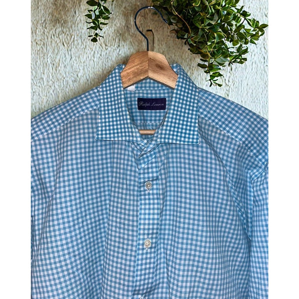 Ralph Lauren Purple Label Dress Shirt Blue Check Cotton Italy Men's Size 18 EUC