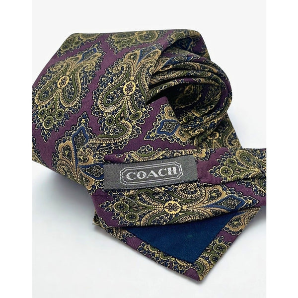 Coach Silk Tie Purple Gold Paisley Floral Italy Classic Luxury Necktie