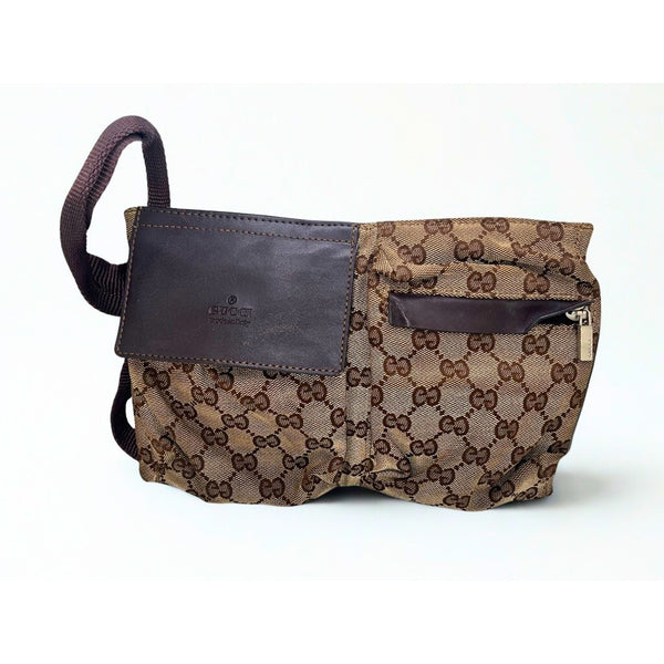 Gucci GG Canvas x Leather Beige Brown Waist Bag Belt Bag Crossbody 28566 Italy