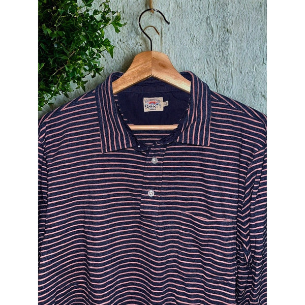 Faherty Movement Long Sleeve Polo Shirt Sz. L Navy Pink Stripe Cotton Stretch