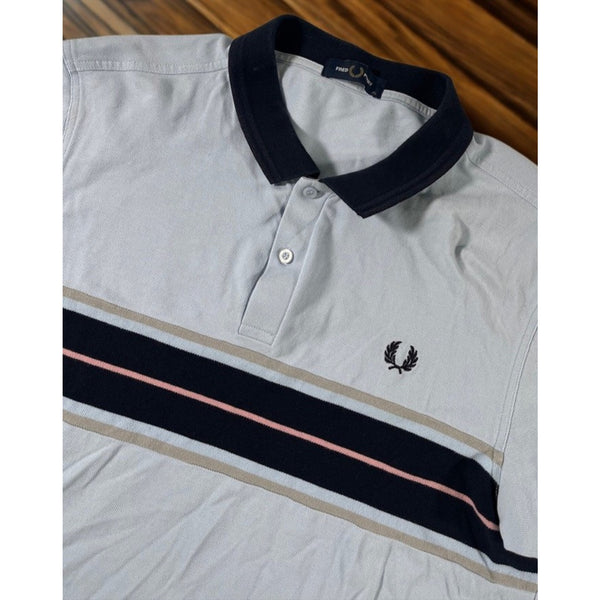Fred Perry Polo Shirt Mens XL Blue Stripe Short Sleeve Collared Mod Casual