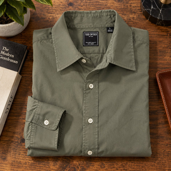 Todd Snyder Cotton Twill Long Point Collar Shirt Sage Olive Mens L Slim Fit