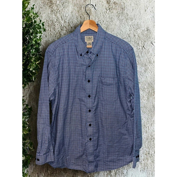 L.L. Bean Blue Houndstooth Check Flannel Button Down Shirt Pocket Sz. L