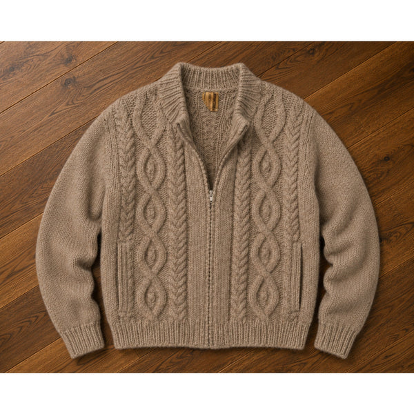 Anncraft Donegal Irish Wool Fisherman Sweater L Full Zip Cable Knit Vintage