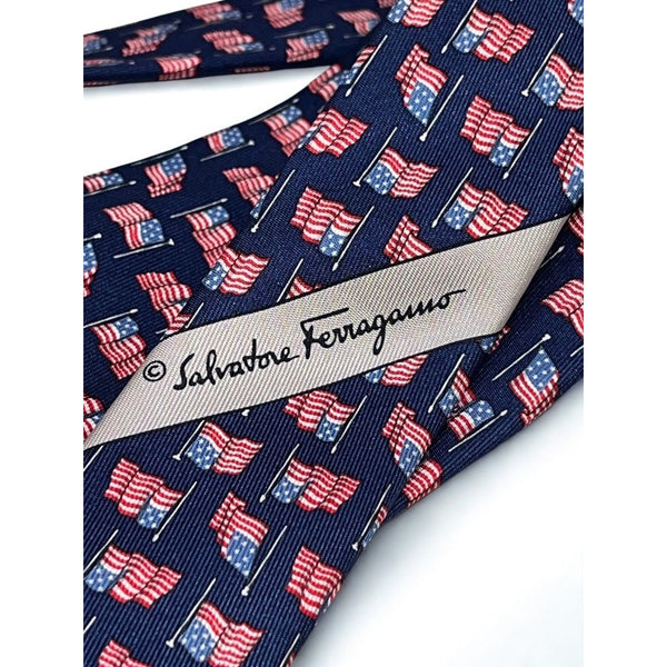 Salvatore Ferragamo Silk Tie USA Flag Patriotic Navy Made Italy Luxury Vintage