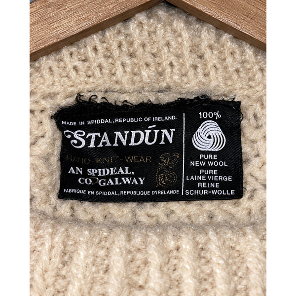 Standun Aran Irish Wool Fisherman Cable Knit Sweater Men's S Cream Handmade